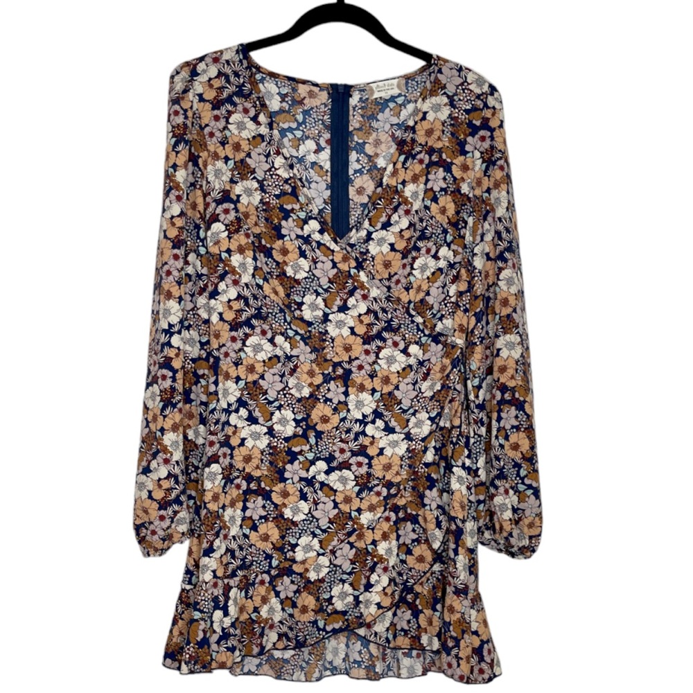 Altard State Tan Floral Dress Navy Mini Faux Wrap Shift Tunic Flowy SZ Medium